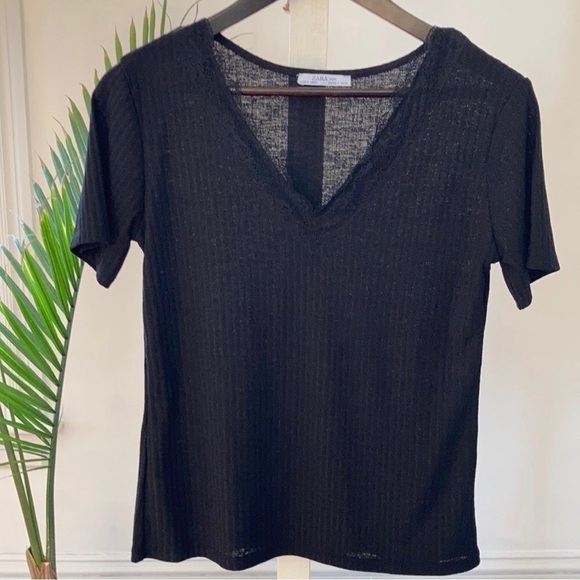 ZARA Black Lace Trimmed Ribbed Knit Short Sleeve Tee Med - Picture 2 of 9